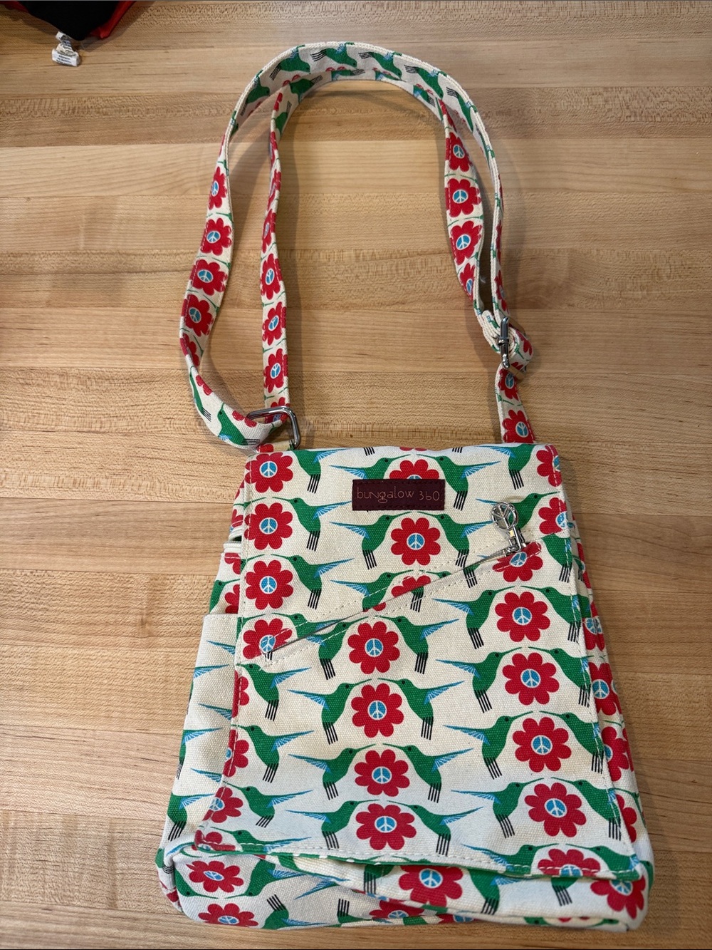 bungalow 360 Cream Canvas Crossbody with Red Flowers & Green Hummingbirds